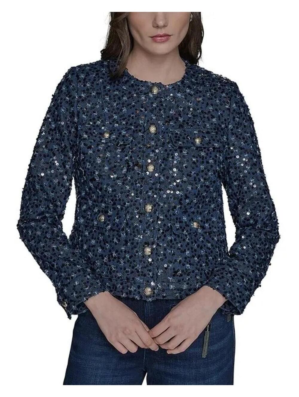229$ Karl Lagerfeld Paris Collarless Sequin Jacket Long Sleeves Size 8 Navy Blue